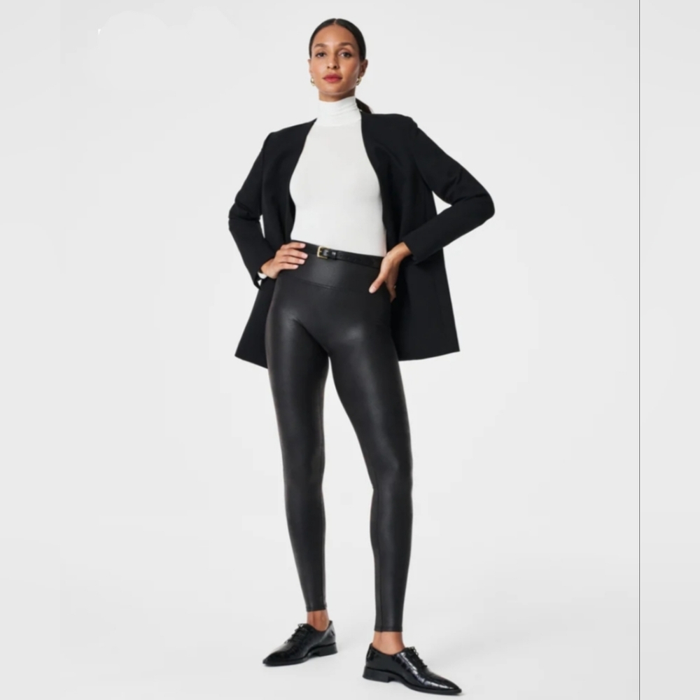 Spanx black faux leather leggings, size M